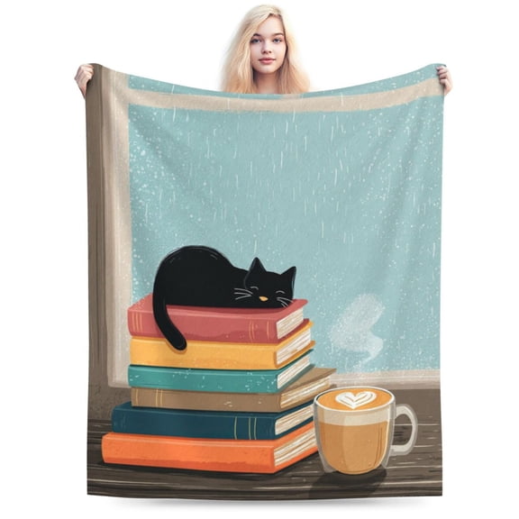 Cozy Book Lover Cat Throw Blanket, Coffee & Books Illustration, Soft Flannel Fleece, Reading Nook Home Decor 50x40