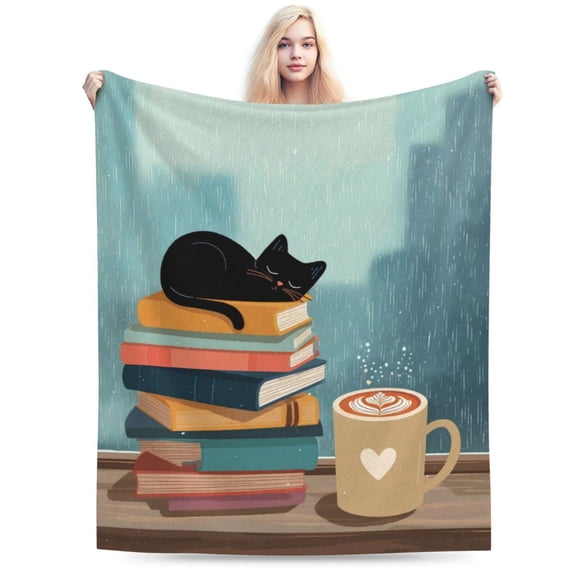 Cozy Book Lover Cat Throw Blanket, Coffee & Books Illustration, Soft Flannel Fleece, Reading Nook Home Decor 50x40