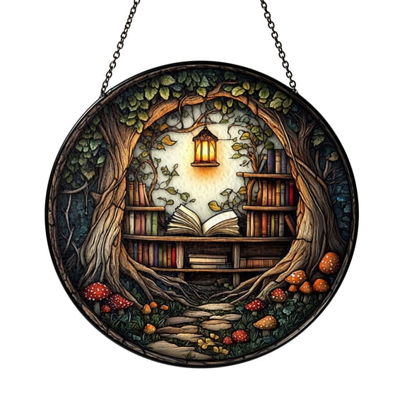 Cozy Book Nook Stained Glass Window Hanging, Round Library Scene with Lantern Light and Mushrooms for Book Lover Homes