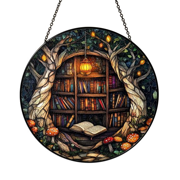 Cozy Book Nook Window Suncatcher, Stained Glass Style Library Hanging Decor, Reading Room Inspired Home Gift