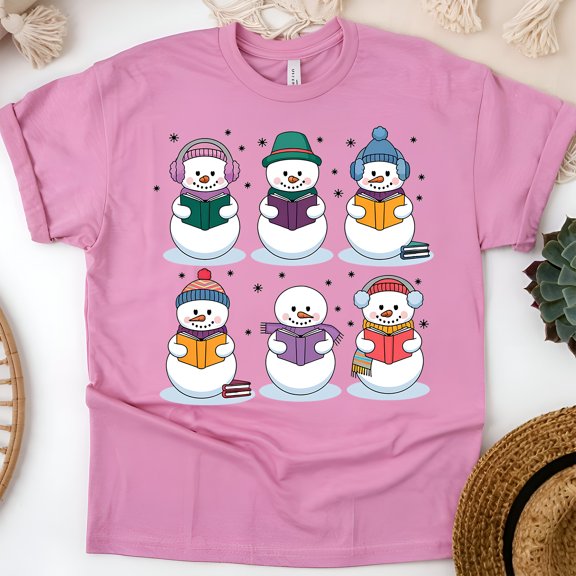 Cozy Book Snowman Shirt | Reading Holiday T-Shirt for Bookworms, Azalea, Size L
