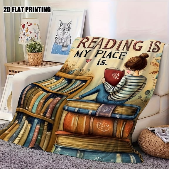 Cozy Book-Themed Flannel Blanket - Soft Reading Nook Design with Bookshelf & Quote, All-Season Portable Throw for Bed, Couch, Travel - Book Lover Gift