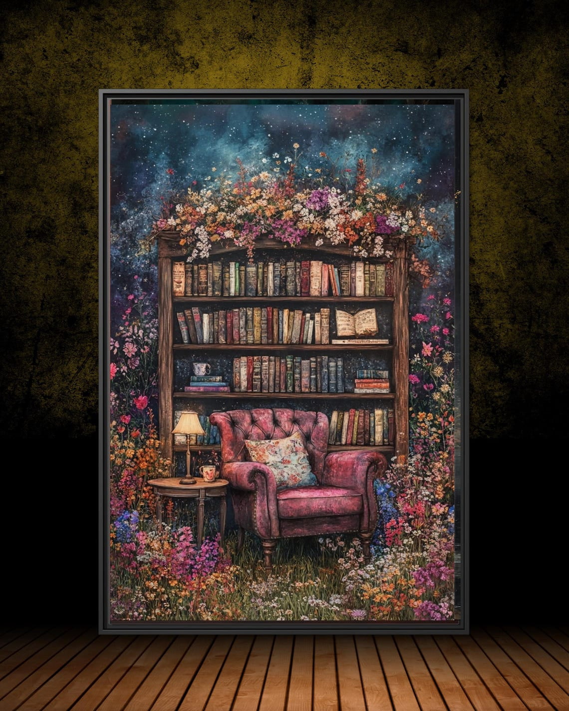Cozy Bookcase In Garden Reading Nook Art Poster Floral Library Chair ...