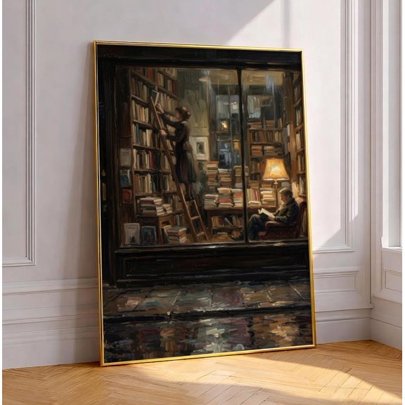 Cozy Bookshop Rainy Window Library Wall Decor Unframed Paper Print
