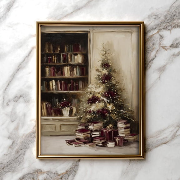 Cozy Bookshop Scene - Warm Vintage Wall Art, Festive Cottagecore Decor, 22, Stretched Canvas Size 16x24
