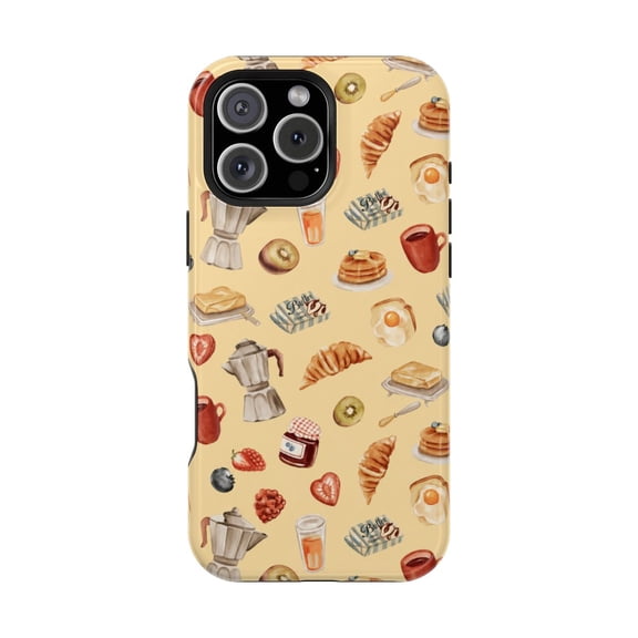 Cozy Breakfast Aesthetic Tough Phone Case, Cute Food Theme Dual Layer Protective Cover Compatible with iphone 16 promax