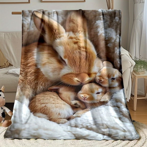 Cozy Bunny Family Flannel Throw - Soft Plush Blanket with Adorable Rabbits, Extra Large 60x80in - All-Season Warmth for Couch, Bed, Travel, Camping - Gift for Pet Lovers
