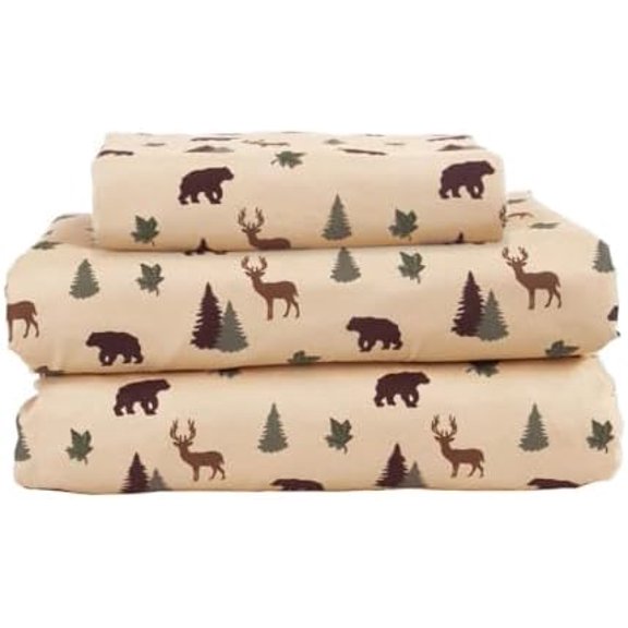 Cozy Cabin 3-Piece Twin Microfiber Bedding Sheet Set with Deep Pockets Rustic Patchwork Plaid Deer, Brown Tan Green