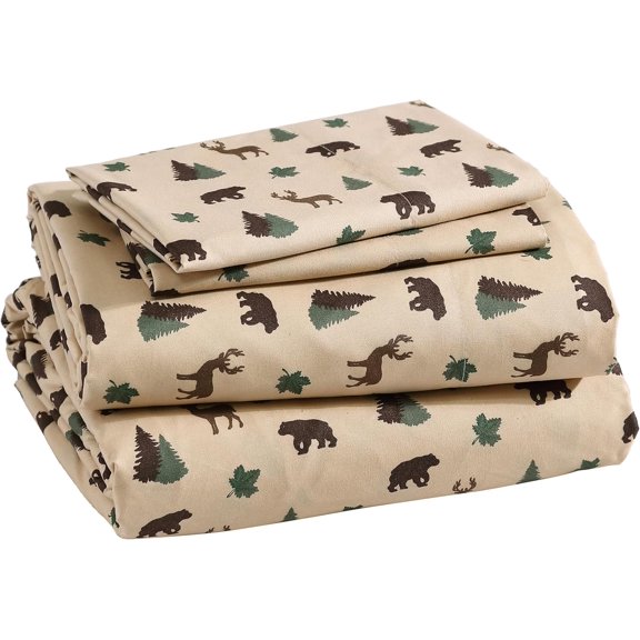 Cozy Cabin 4-Piece Queen Microfiber Bedding Sheet Set with Deep Pockets Rustic Patchwork Plaid Deer, Brown Tan Green