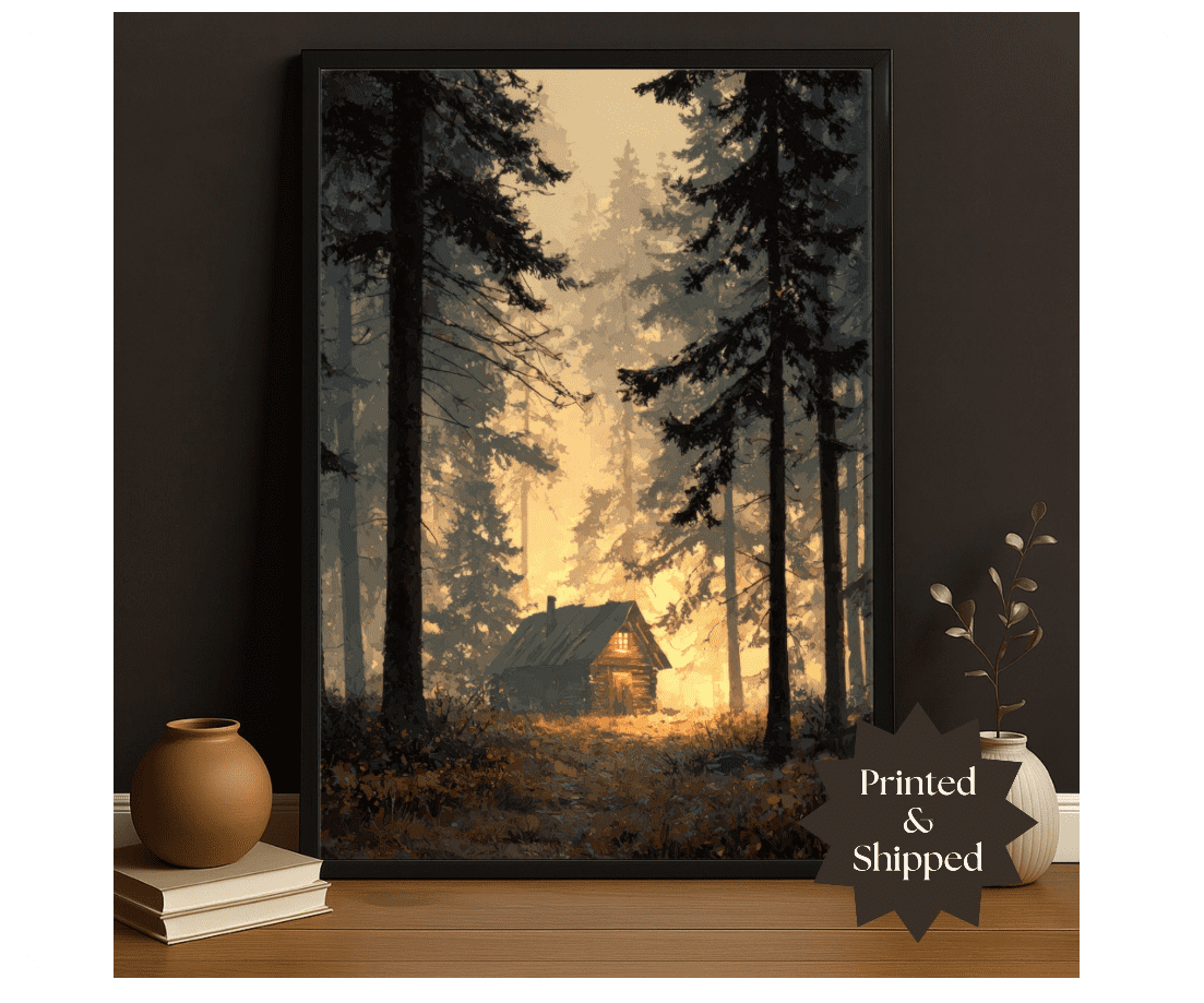 Cozy Cabin Forest Poster Glowing Woodland Sunset Wall Art Rustic