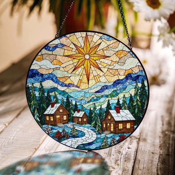 Cozy Cabin Forest Scene Mountain Suncatcher Glass Window Decor Gift For Christmas Or Winter Holiday, Suncatcher Window Hanging, 3.5 in