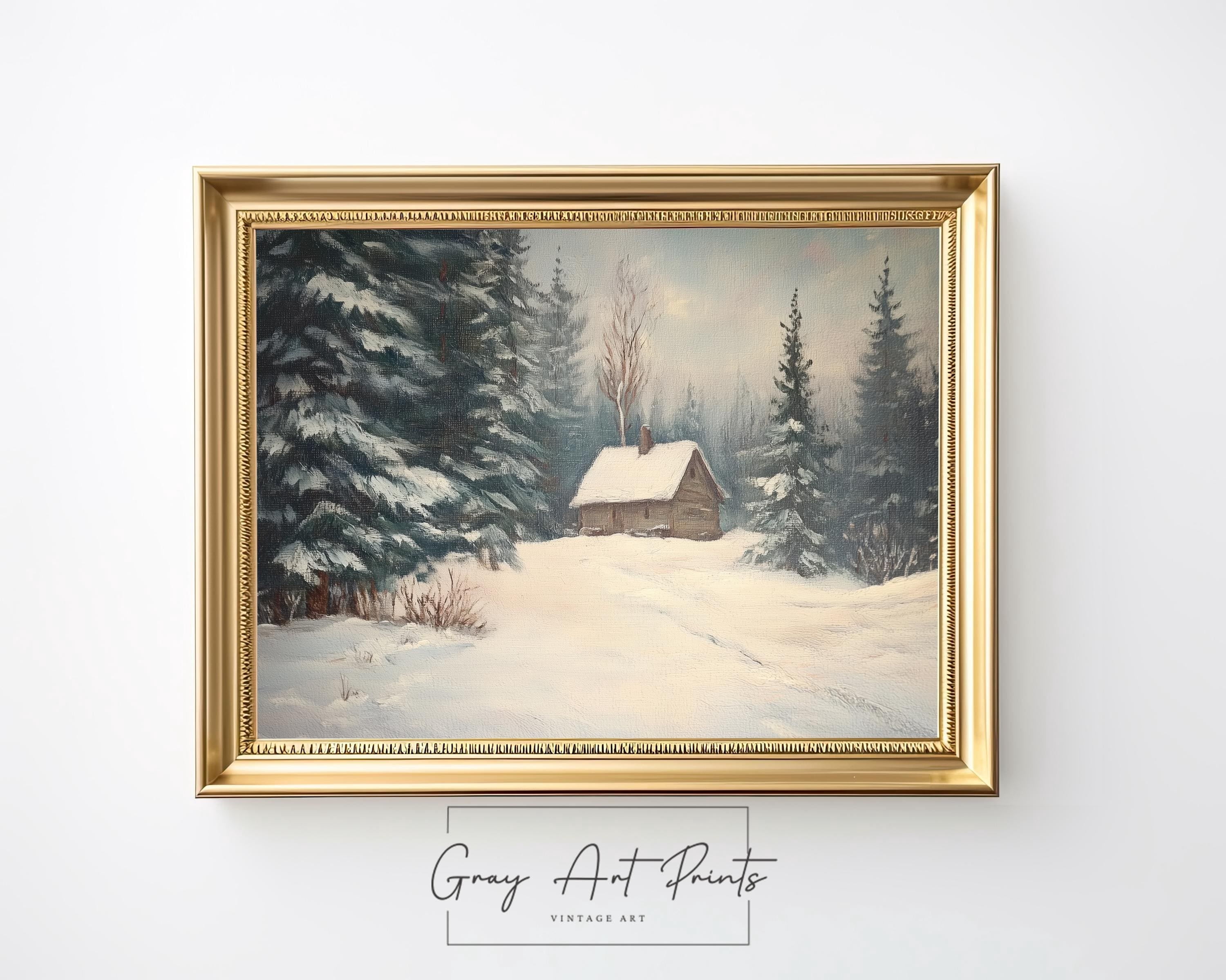 Cozy Cabin In Snowy Pine Forest, Rustic Winter Landscape, Wall Art ...