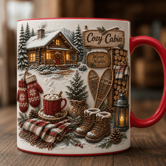 Cozy Cabin Ceramic Coffee Mugs Winter Fireplace Scene for Cabin Lovers Gift 11 oz 15 oz