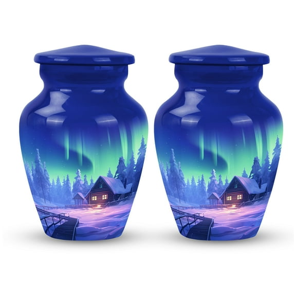 A Cozy Cabin Under Northern Lights - Mini Keepsake Urn for Adult Female Ashes - Small Elegant Memorial - Compact Ash Vessel - Urns For Human Ashes Adult - 3 Inch, Set Of 2