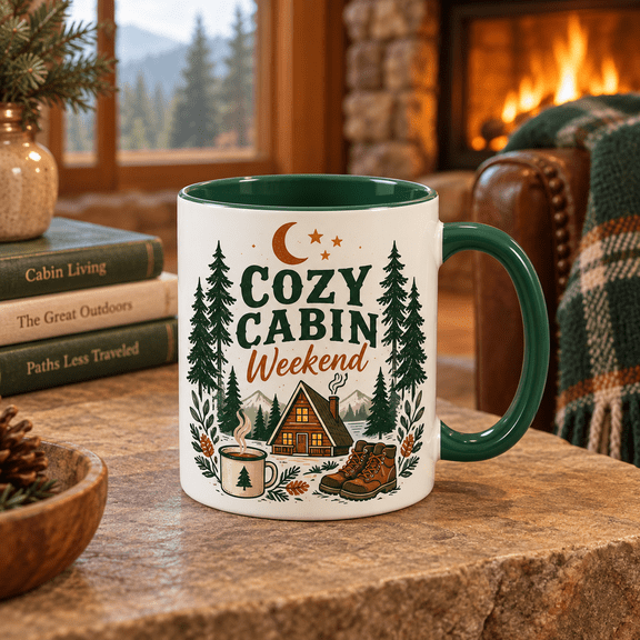 Cozy Cabin Weekend Forest Ceramic Coffee Mug Rustic Getaway Gift