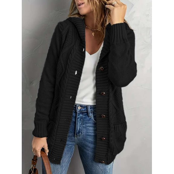 Cozy Cable Knit Button-Up Cardigan (3XL, Black)