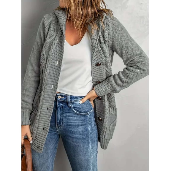 Cozy Cable Knit Button-Up Cardigan (3XL, Grey)