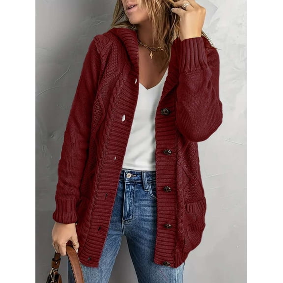 Cozy Cable Knit Button-Up Cardigan (3XL, Red)