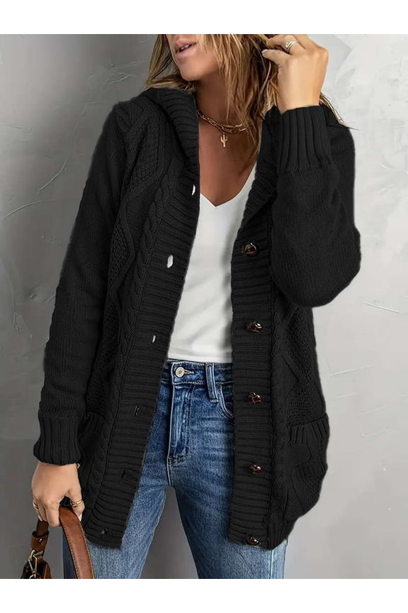 Cozy Cable Knit Button-Up Cardigan (XL, Black)