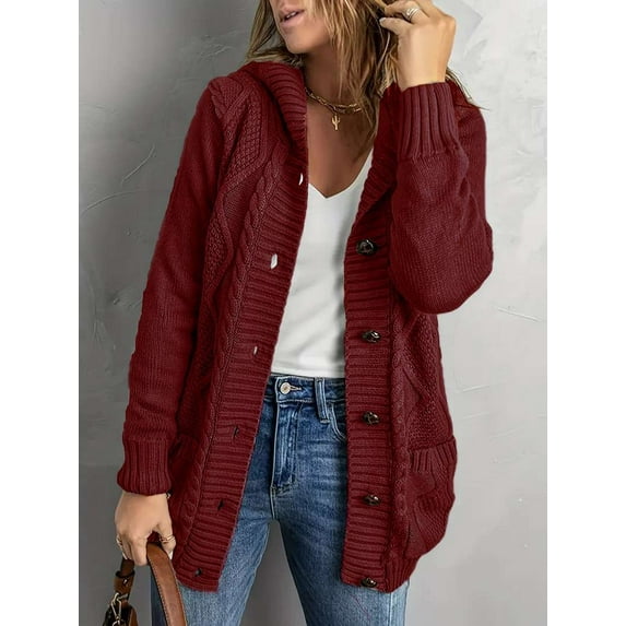 Cozy Cable Knit Button-Up Cardigan (XL, Red)