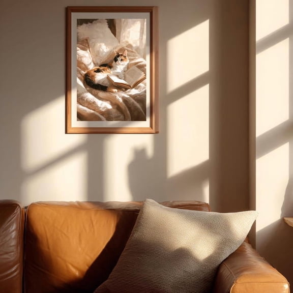 Cozy Calico Cat Reading Art Print, Book Lover Wall Art, Cute Cat Bedroom Decor, Sunlight Aesthetic Pet Illustration, Relaxing Home Poster 8x12 UNFRAMED