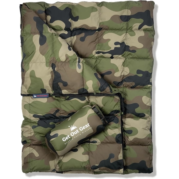 Cozy Camo Camping Blanket - Puffy, Packable, Lightweight and Warm | Ideal for Outdoors, Travel, Stadium, Festivals, Beach, Hammock |Water-Resistant Backpacking Quilt