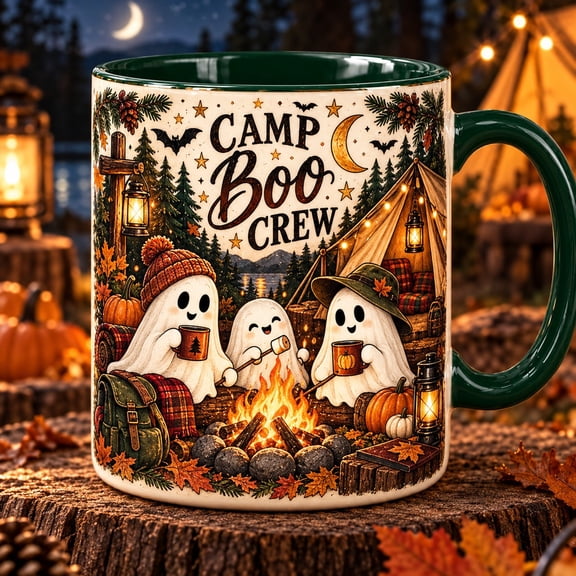Cozy Camp Boo Crew Mug With Ghosts and Halloween Camping Art