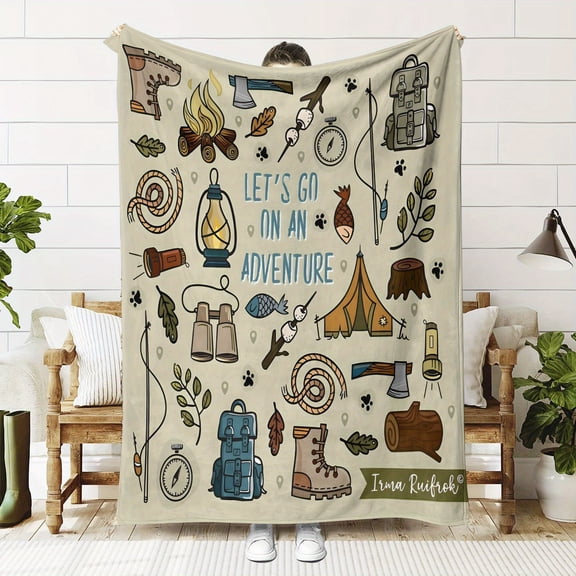 Cozy Camping Flannel Blanket - Soft Warm All-Season Throw with Adventure Patterns (Tents, Lanterns, Paw Prints) for Indoor & Outdoor Use - Gift for Nature Lovers