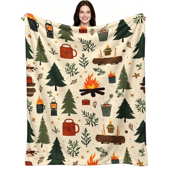 Cozy Camping Forest Campfire Pine Tree Pattern, Soft Warm Flannel Fleece, Vintage Rustic Cabin, Throw Blanket, Cozy Warm, Home Decor, Couch Bed Travel Camping