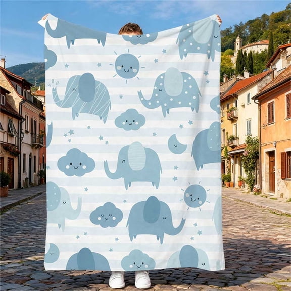 Cozy Cartoon Blue Gray Elephant & Clouds Flannel Blanket - Soft Warm Throw for Napping, Travel, Home Decor, All Seasons