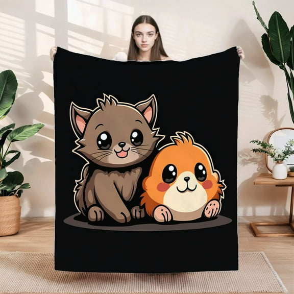Cozy Cartoon Cat & Creature Flannel Blanket - Soft Warm Durable Design for Sofa Travel Bed & Chair - Perfect for Snuggling