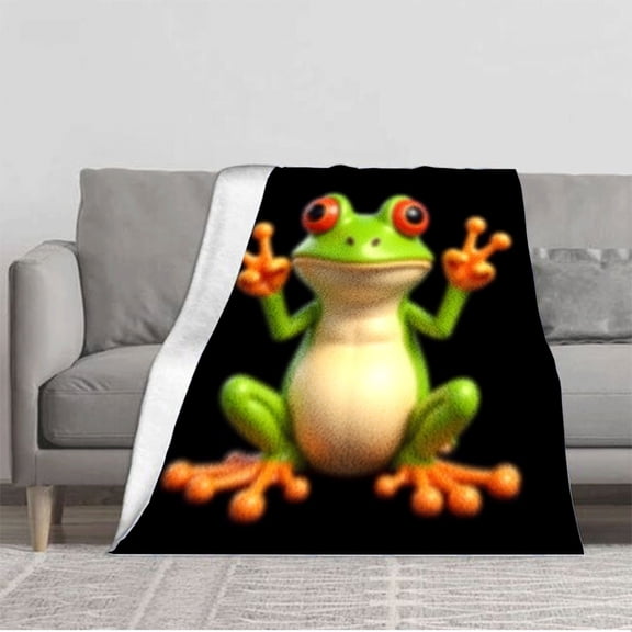 Cozy Cartoon Frog Flannel Blanket - Soft Warm Durable Perfect for Sofa Travel Bed & Chair - Bright Green with Red Eyes Design