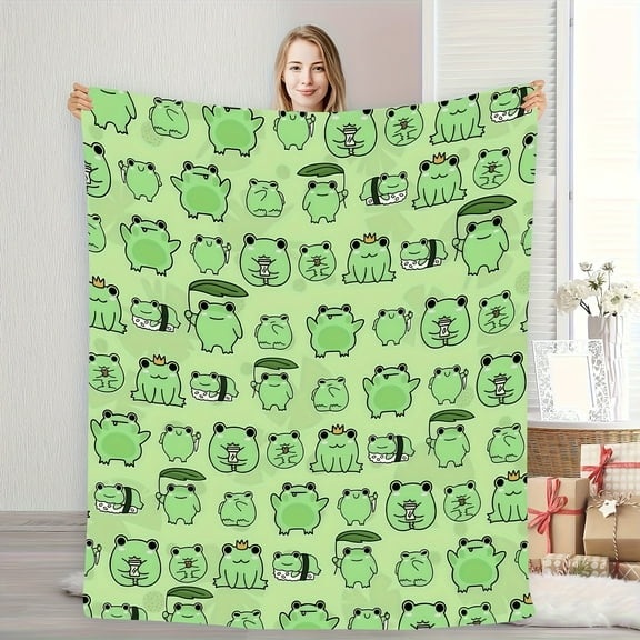 Cozy Cartoon Frog Print Flannel Blanket - Soft, Warm, and Versatile Home Decor with Playful Green Frog Design, Machine Washable Polyester, Ideal for Living Room, Office, or Nap Time