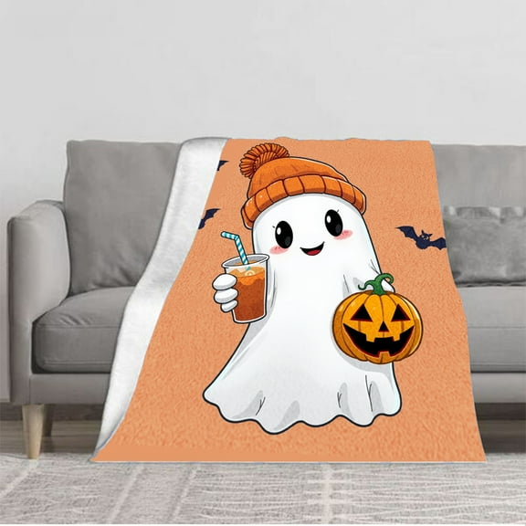 Cozy Cartoon Ghost Flannel Blanket - Soft Warm Durable Perfect for Sofa Travel Bed Chair - Adorable Halloween Design
