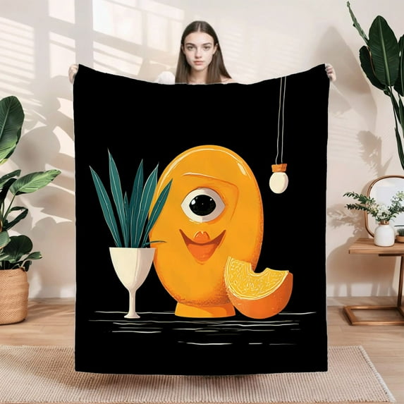 Cozy Cartoon Orange Character Flannel Blanket - Soft Warm Durable Design for Sofa Travel Bed & Chair - Whimsical & Fun