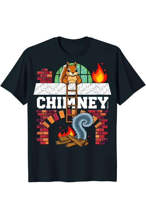 Cozy Cartoon Squirrel on Chimney Graphic Black T-Shirt for Winter Vibes