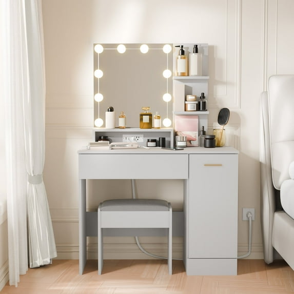 Cozy Castle 1 Piece Contemporary Table Set with Grey Vanity, LED Lights, and Stool