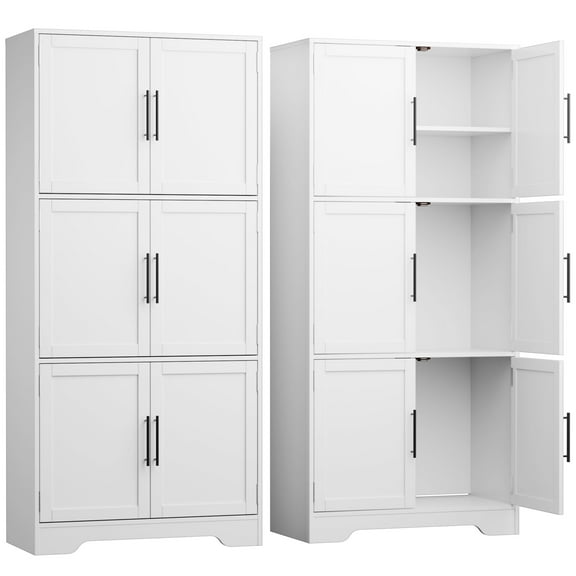 Cozy Castle 68.5" Kitchen Pantry Storage Cabinet with 6 Doors and 3 Shelves Tall Food Pantry Cabinet 4-Tier White Cabinet for Kitchen Living Room Dining Room Bathroom