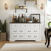 Cozy Castle 7-Drawer Dresser for Bedroom & Living Room, Farmhouse Wood Chest with Antique Handles, Vintage White Finish Perfect for Hallways, Entryways & Kids' Rooms