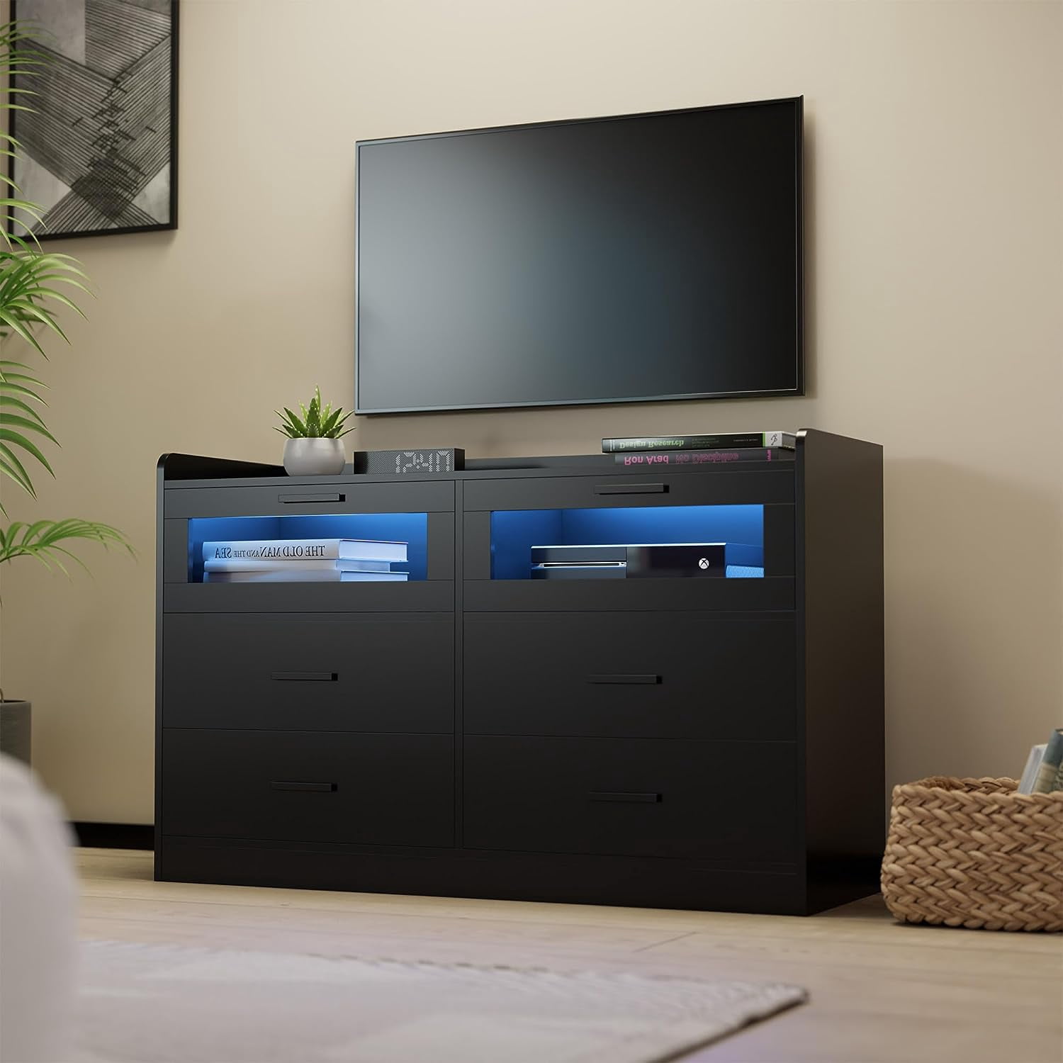 Cozy Castle Black 6 Drawer Dresser with LED Lights and 2 Visual Drawers