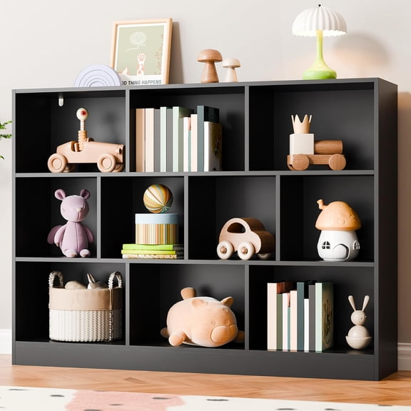 Cozy Castle Black Bookshelf, 3-Tier Open Shelf Bookcase, 10 Cube Storage Organizer with Anti-Tilt Device for Bedroom, Living Room, 55.11" W x 11.61D x 40.94H