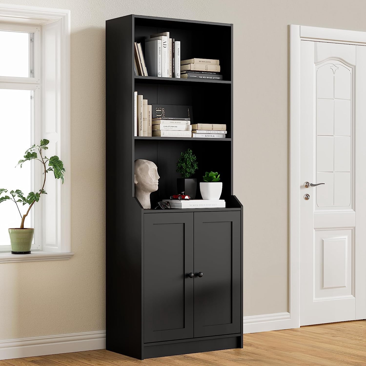 Cozy Castle Black Bookshelf with Doors, Tall Bookcase with 3Tier Open