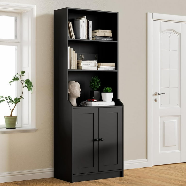 Cozy Castle Black Bookshelf with Doors Tall Bookcase with 3 Tier Open Shelves for Bedroom Living Room 27.6