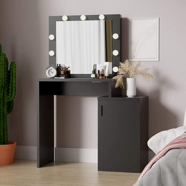 Cozy Castle Black Vanity Desk with Mirror and Lights, Small Vanity Table  for Bedroom, Makeup Desk with Storage Cabinet 