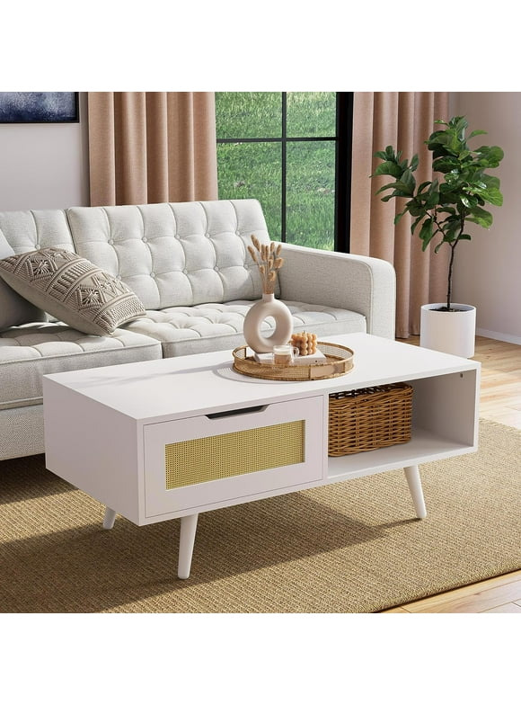 Cozy Castle Boho Coffee Table with Storage, 39'' Rattan Living Room Tables with Solid Legs, Mid Century Modern Coffee Table for Living Room, White