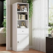Cozy Castle Bookshelf with Door and Drawer, 3 Shelf Bookcase, 3-Tier Freestanding Tall Bookcase, Display Shelf with Cabinet, Narrow Bookshelf for Bedroom, Living Room, Office, White
