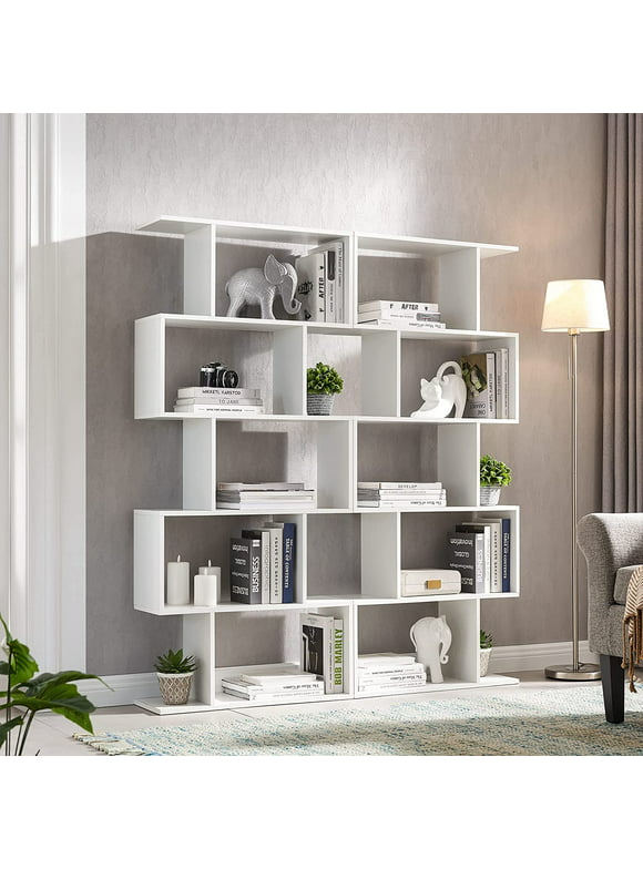 Cozy Castle Bookshelf Set of 2, S-Shaped Modern Bookcase Room Divider, Geometric Wood Book Shelf, 62" Tall Bookcase with 5-Tier Display Shelf, White