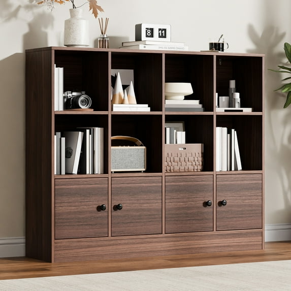 Cozy Castle 3-Tier Open Cube Bookcase with 12 Cubes and 4 Doors, Adjustable Shelves, Brown