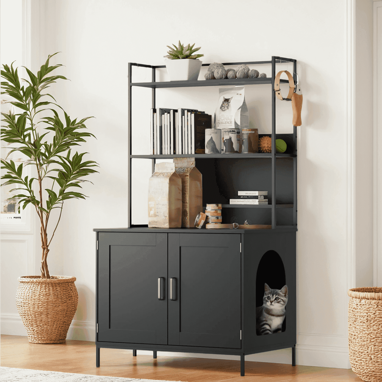 Cozy Castle Cat Litter Box Enclosure - 57'' Wooden Furniture with Large Cabinet, Shelves & 4 S-Hooks, Hidden Pet Washroom Indoor, Black