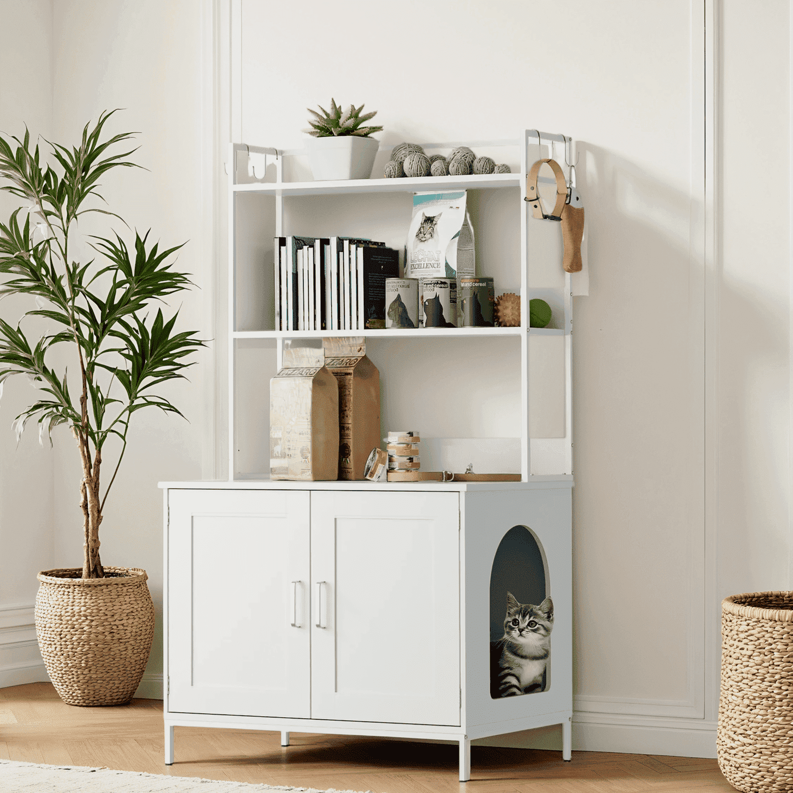 Cozy Castle Cat Litter Box Enclosure - 57'' Wooden Furniture with Large Cabinet, Shelves & 4 S-Hooks, Hidden Pet Washroom Indoor, White